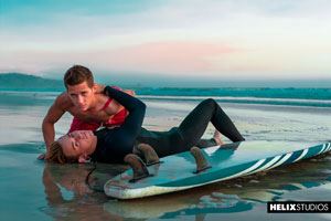  Three young lifeguards are patrolling a beautiful California beach when they cum upon sexy surfer Josh Brady 5